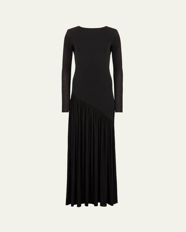 Asymmetric Plisse Stretch Jersey Long-Sleeve Maxi Dress